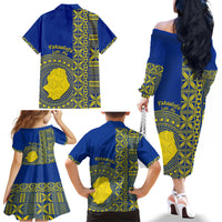 Fakaalofa Lahi Atu Niue Family Matching Off Shoulder Long Sleeve Dress and Hawaiian Shirt Niuean Map With Hiapo Pattern Blue Version LT14 - Polynesian Pride