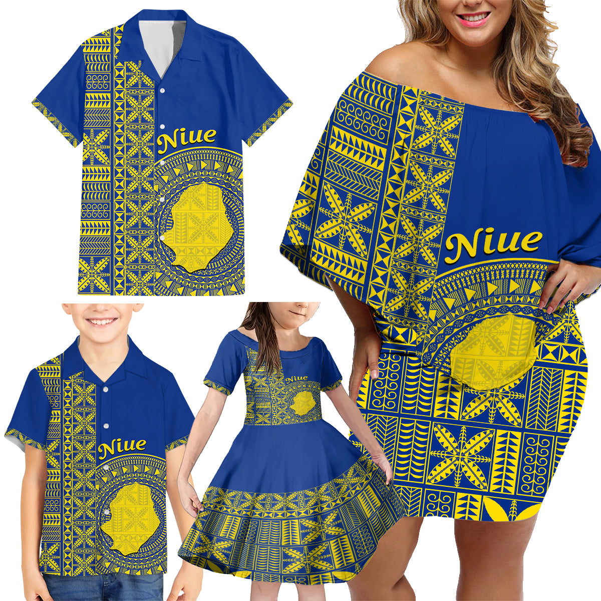 Fakaalofa Lahi Atu Niue Family Matching Off Shoulder Short Dress and Hawaiian Shirt Niuean Map With Hiapo Pattern Blue Version LT14 - Polynesian Pride