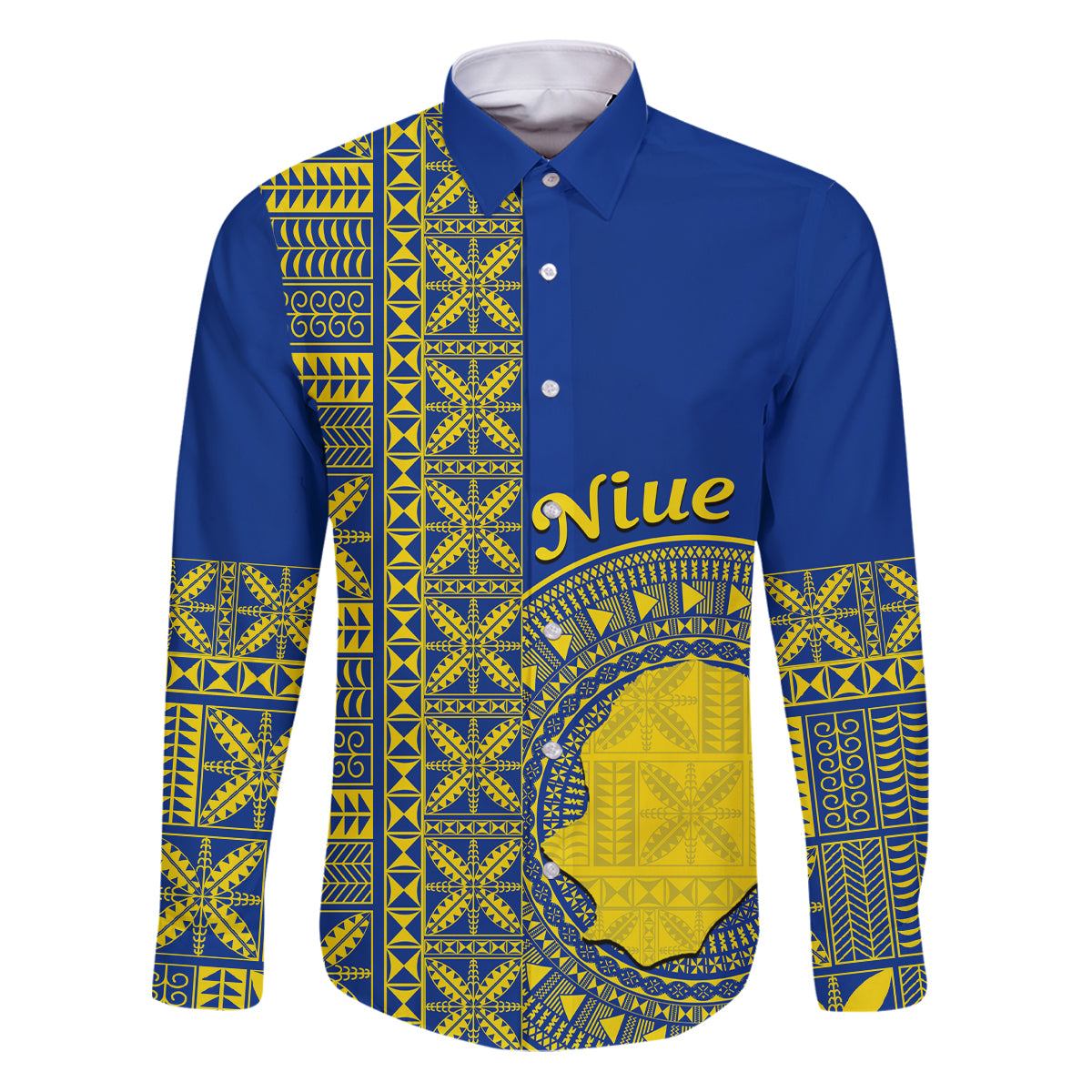 Fakaalofa Lahi Atu Niue Family Matching Puletasi and Hawaiian Shirt Niuean Map With Hiapo Pattern Blue Version LT14 Dad's Shirt - Long Sleeve Blue - Polynesian Pride