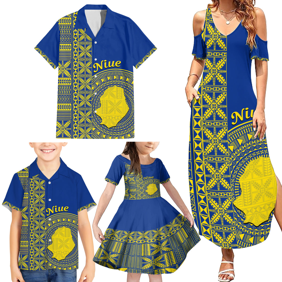 Fakaalofa Lahi Atu Niue Family Matching Summer Maxi Dress and Hawaiian Shirt Niuean Map With Hiapo Pattern Blue Version LT14 - Polynesian Pride