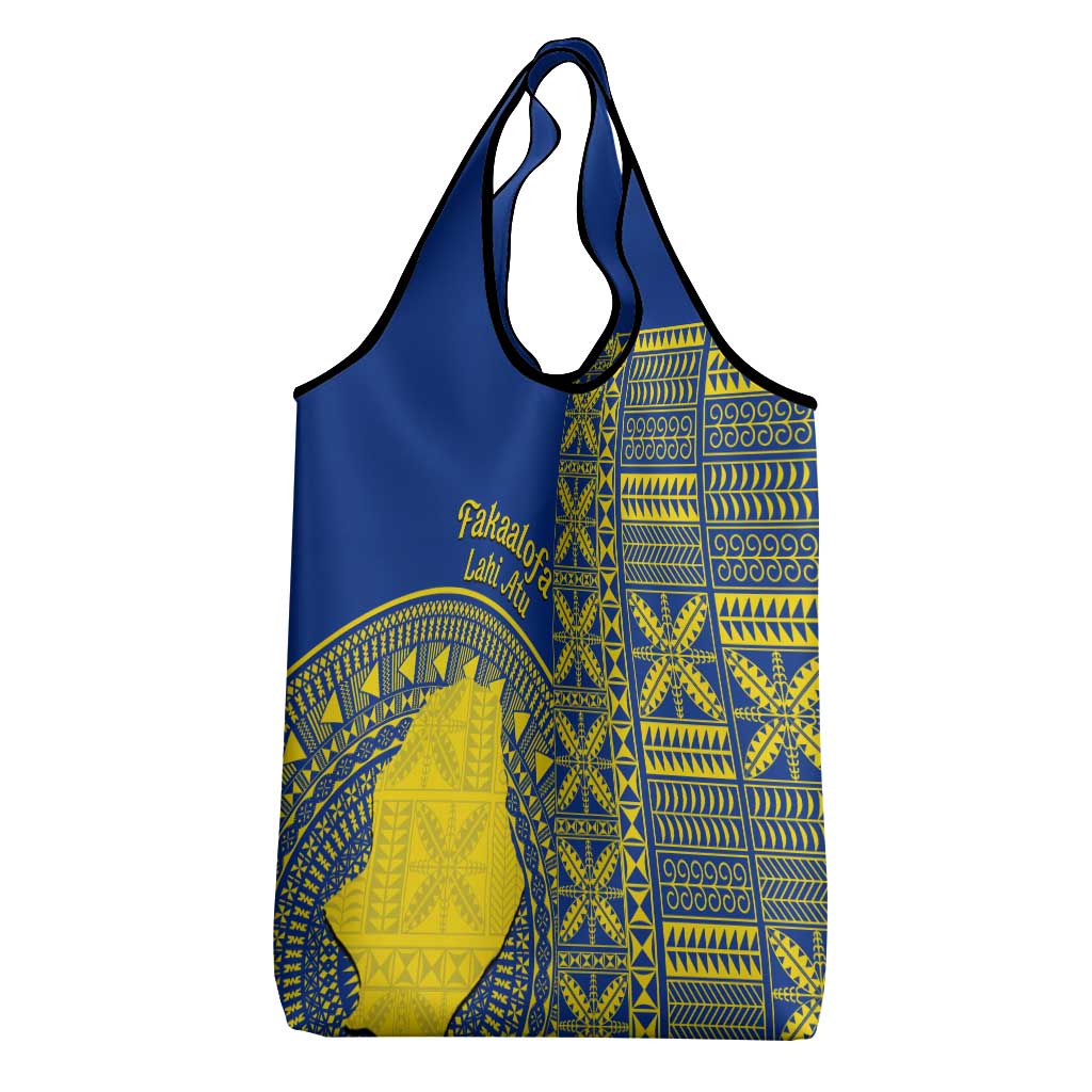 Fakaalofa Lahi Atu Niue Grocery Bag Niuean Map With Hiapo Pattern Blue Version