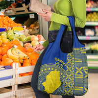 Fakaalofa Lahi Atu Niue Grocery Bag Niuean Map With Hiapo Pattern Blue Version