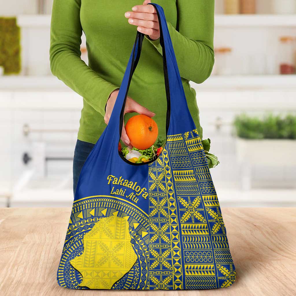 Fakaalofa Lahi Atu Niue Grocery Bag Niuean Map With Hiapo Pattern Blue Version