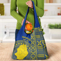 Fakaalofa Lahi Atu Niue Grocery Bag Niuean Map With Hiapo Pattern Blue Version