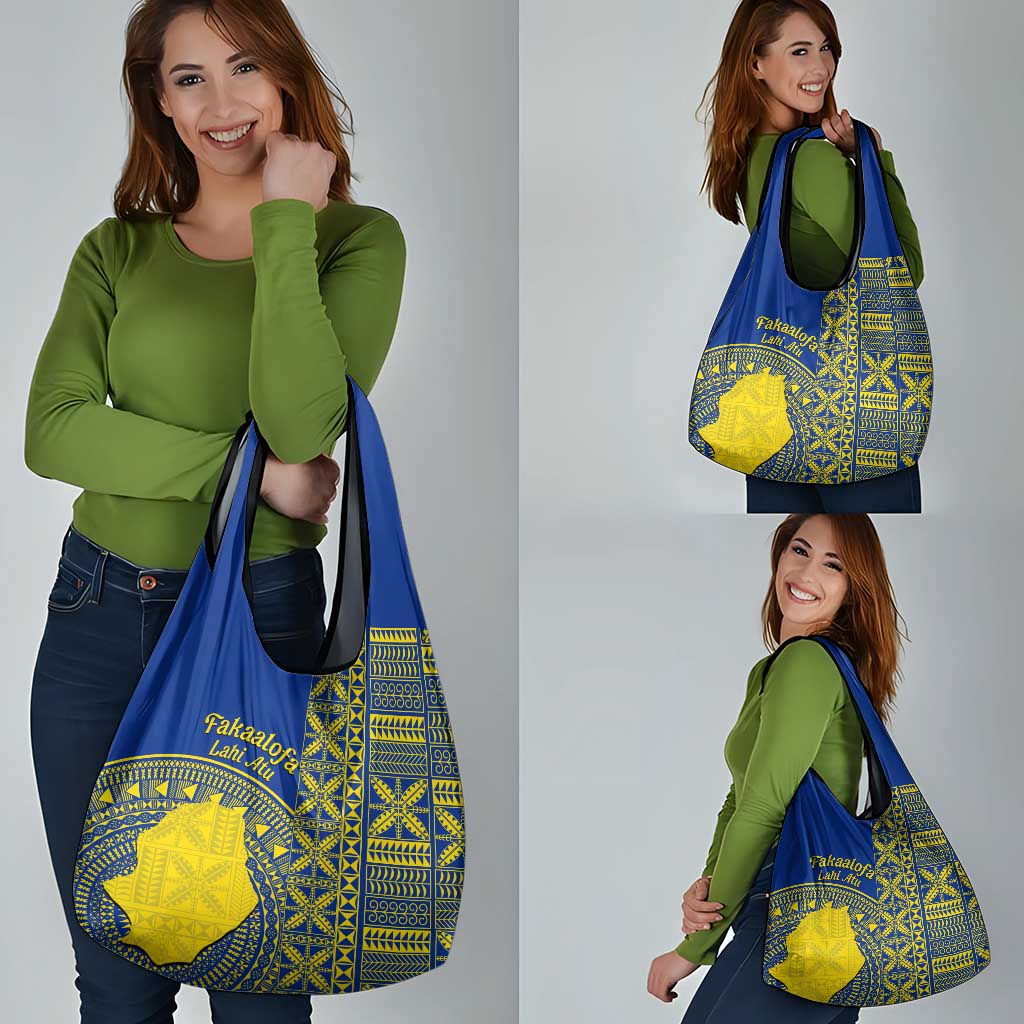 Fakaalofa Lahi Atu Niue Grocery Bag Niuean Map With Hiapo Pattern Blue Version