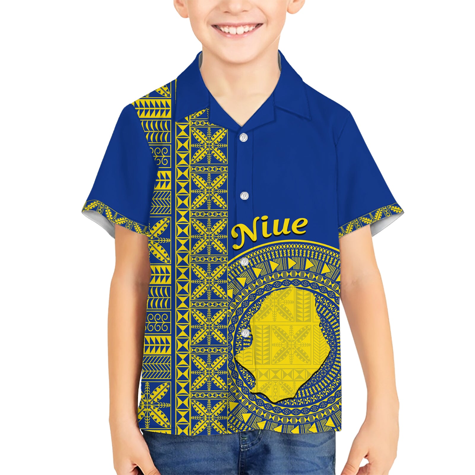 Fakaalofa Lahi Atu Niue Kid Hawaiian Shirt Niuean Map With Hiapo Pattern Blue Version LT14 Kid Blue - Polynesian Pride