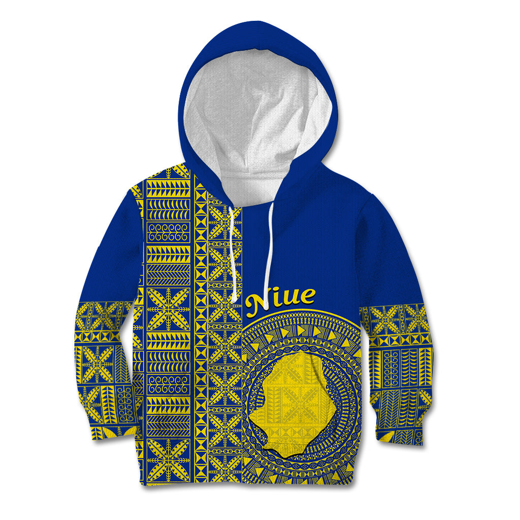 Fakaalofa Lahi Atu Niue Kid Hoodie Niuean Map With Hiapo Pattern Blue Version LT14 Hoodie Blue - Polynesian Pride