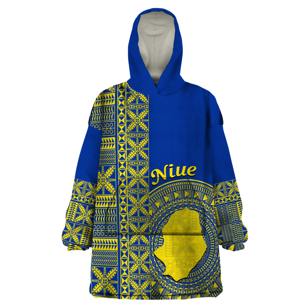 Fakaalofa Lahi Atu Niue Wearable Blanket Hoodie Niuean Map With Hiapo Pattern Blue Version LT14 One Size Blue - Polynesian Pride