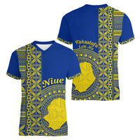 Fakaalofa Lahi Atu Niue Women V Neck T Shirt Niuean Map With Hiapo Pattern Blue Version LT14 - Polynesian Pride