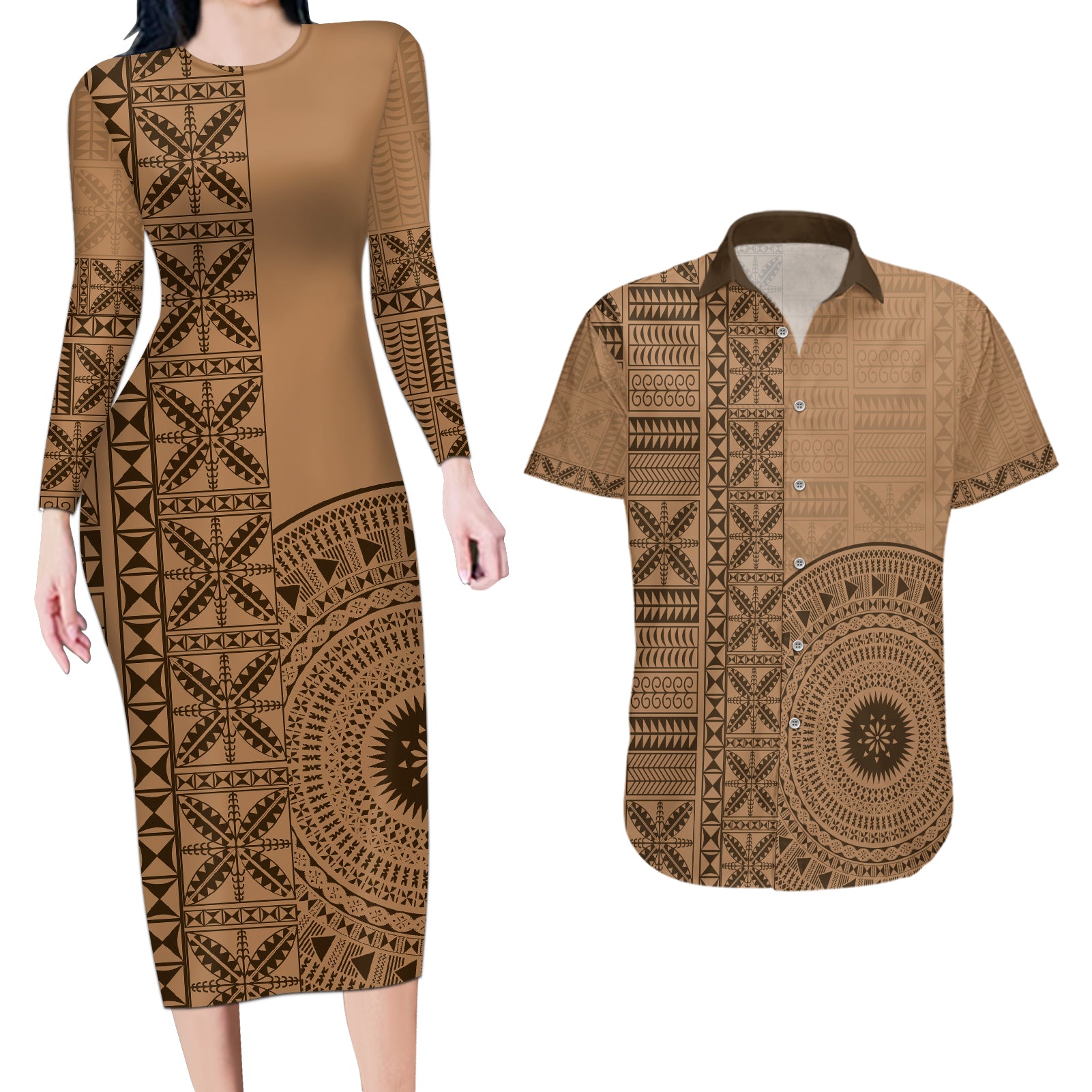 Fakaalofa Lahi Atu Niue Couples Matching Long Sleeve Bodycon Dress and Hawaiian Shirt Vintage Hiapo Pattern Brown Version LT14 Brown - Polynesian Pride