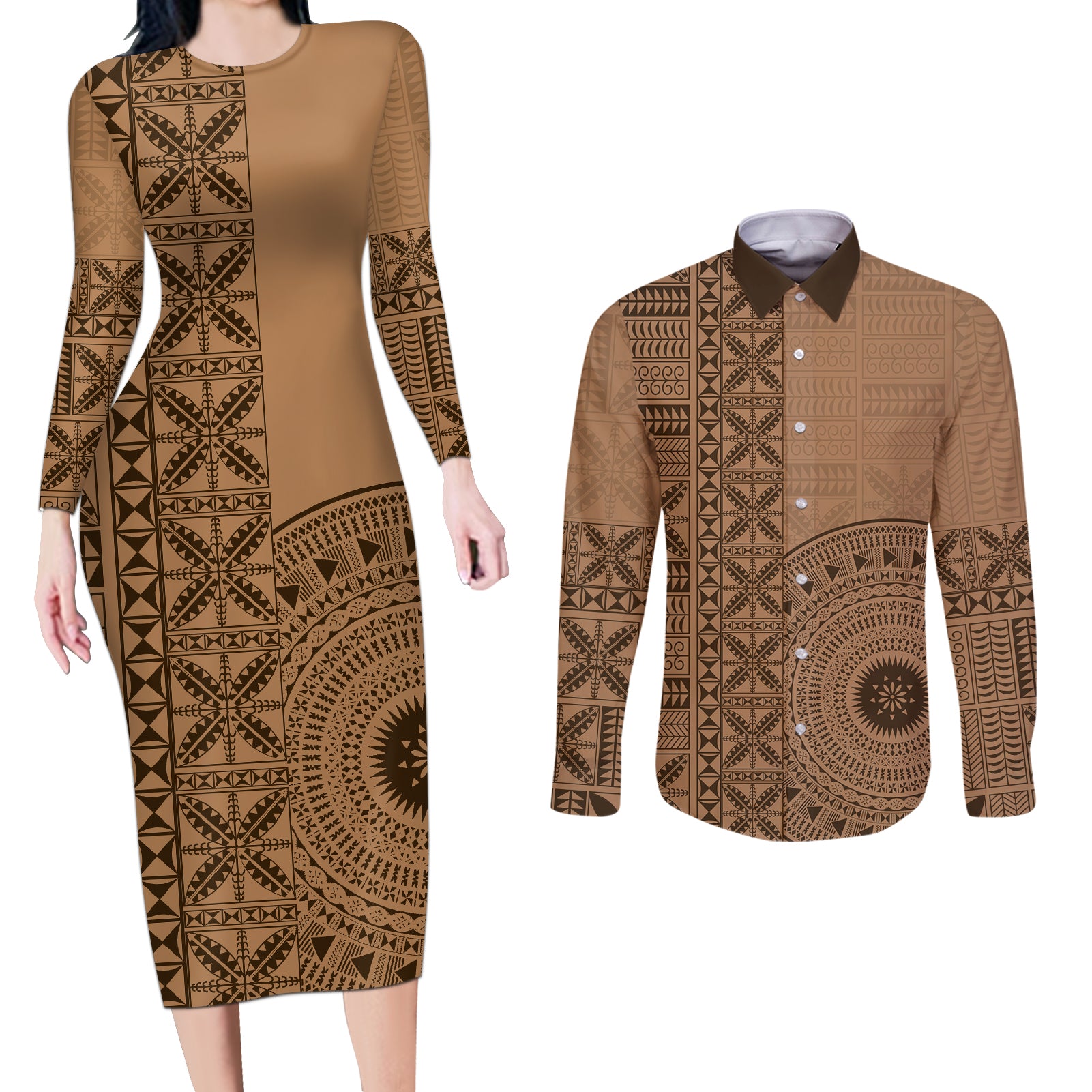 Fakaalofa Lahi Atu Niue Couples Matching Long Sleeve Bodycon Dress and Long Sleeve Button Shirt Vintage Hiapo Pattern Brown Version LT14 Brown - Polynesian Pride