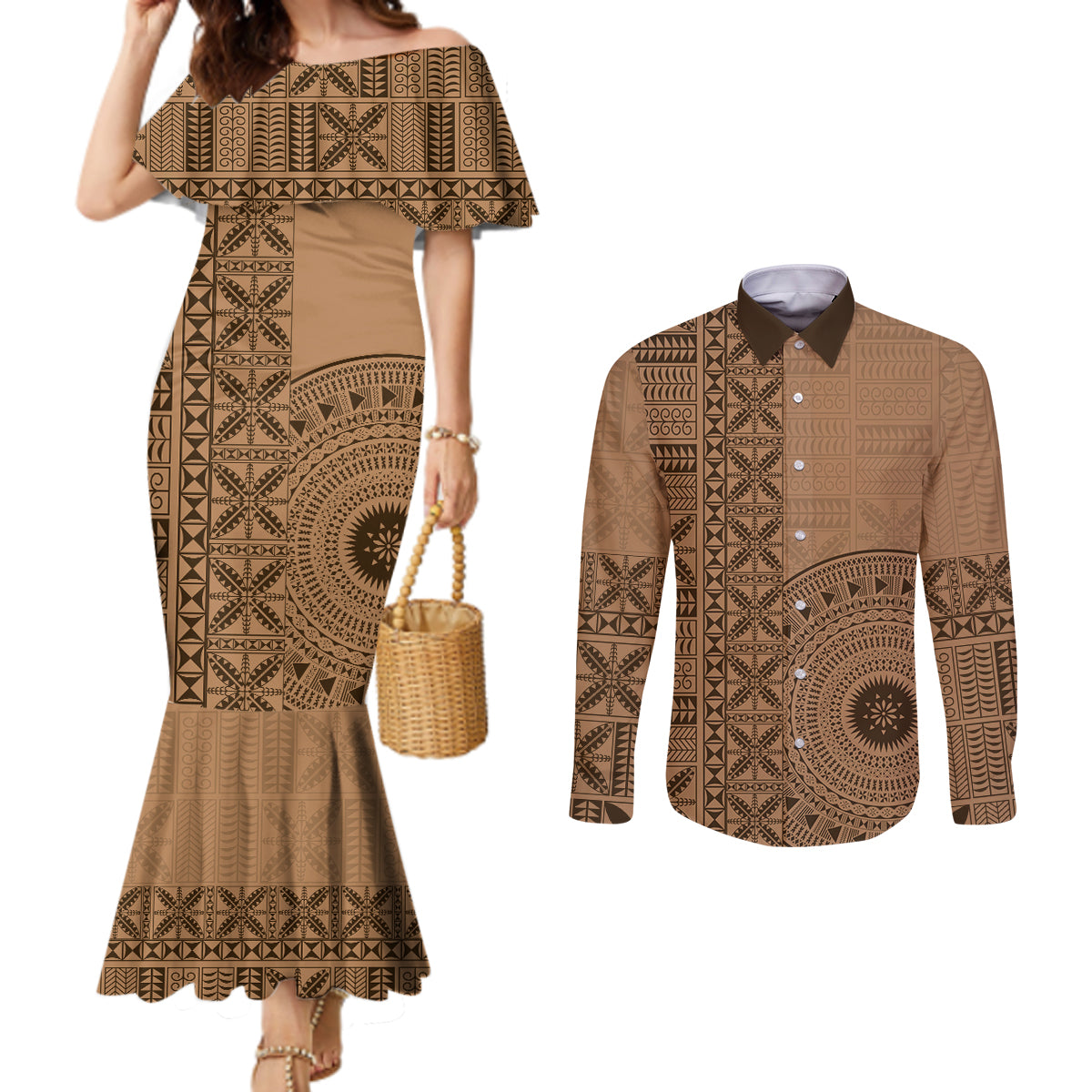 Fakaalofa Lahi Atu Niue Couples Matching Mermaid Dress and Long Sleeve Button Shirt Vintage Hiapo Pattern Brown Version LT14 Brown - Polynesian Pride