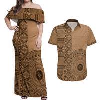Fakaalofa Lahi Atu Niue Couples Matching Off Shoulder Maxi Dress and Hawaiian Shirt Vintage Hiapo Pattern Brown Version LT14 Brown - Polynesian Pride