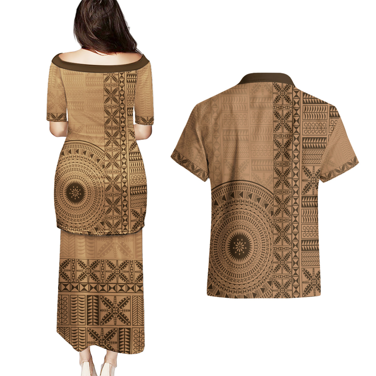 Fakaalofa Lahi Atu Niue Couples Matching Puletasi and Hawaiian Shirt Vintage Hiapo Pattern Brown Version LT14 - Polynesian Pride