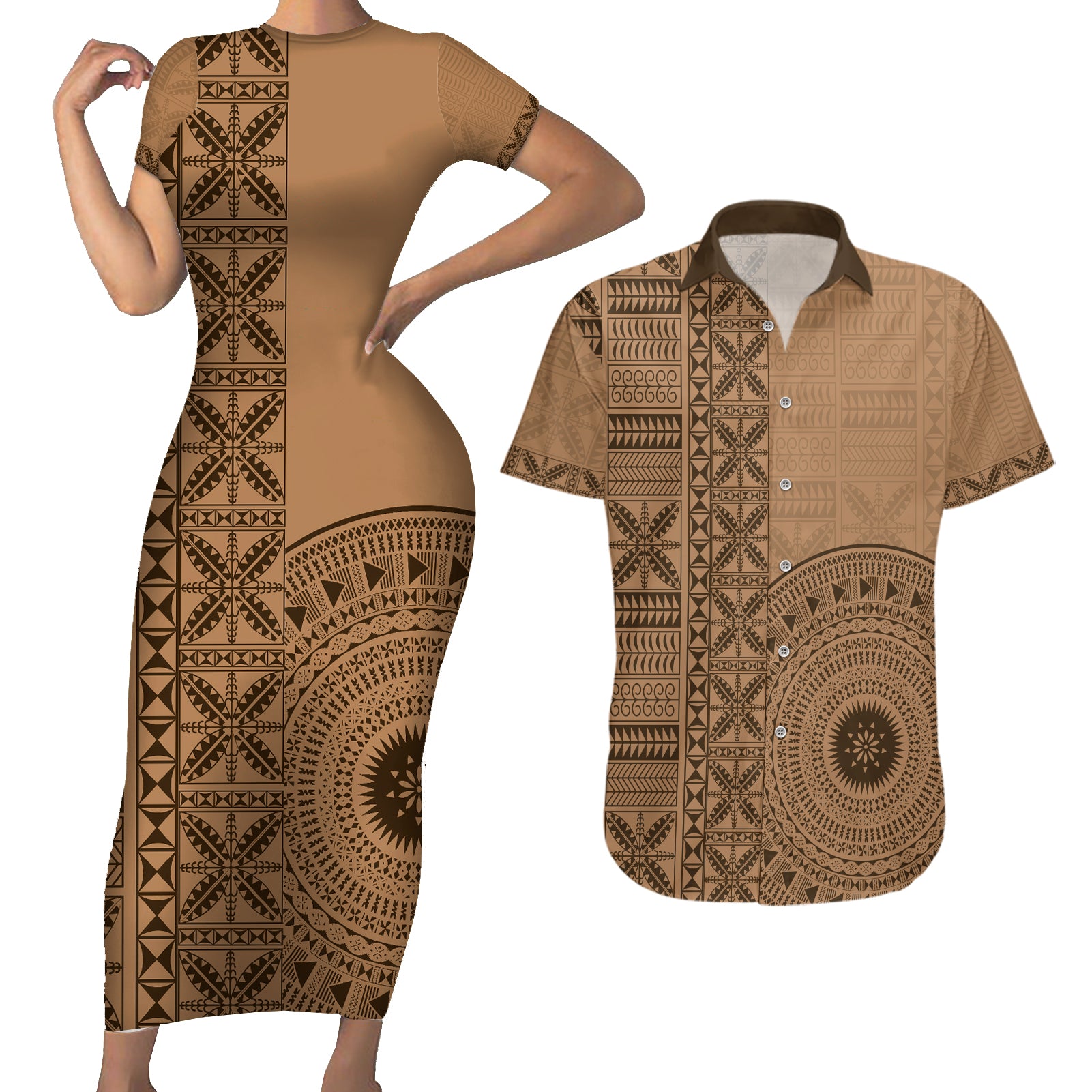 Fakaalofa Lahi Atu Niue Couples Matching Short Sleeve Bodycon Dress and Hawaiian Shirt Vintage Hiapo Pattern Brown Version LT14 Brown - Polynesian Pride