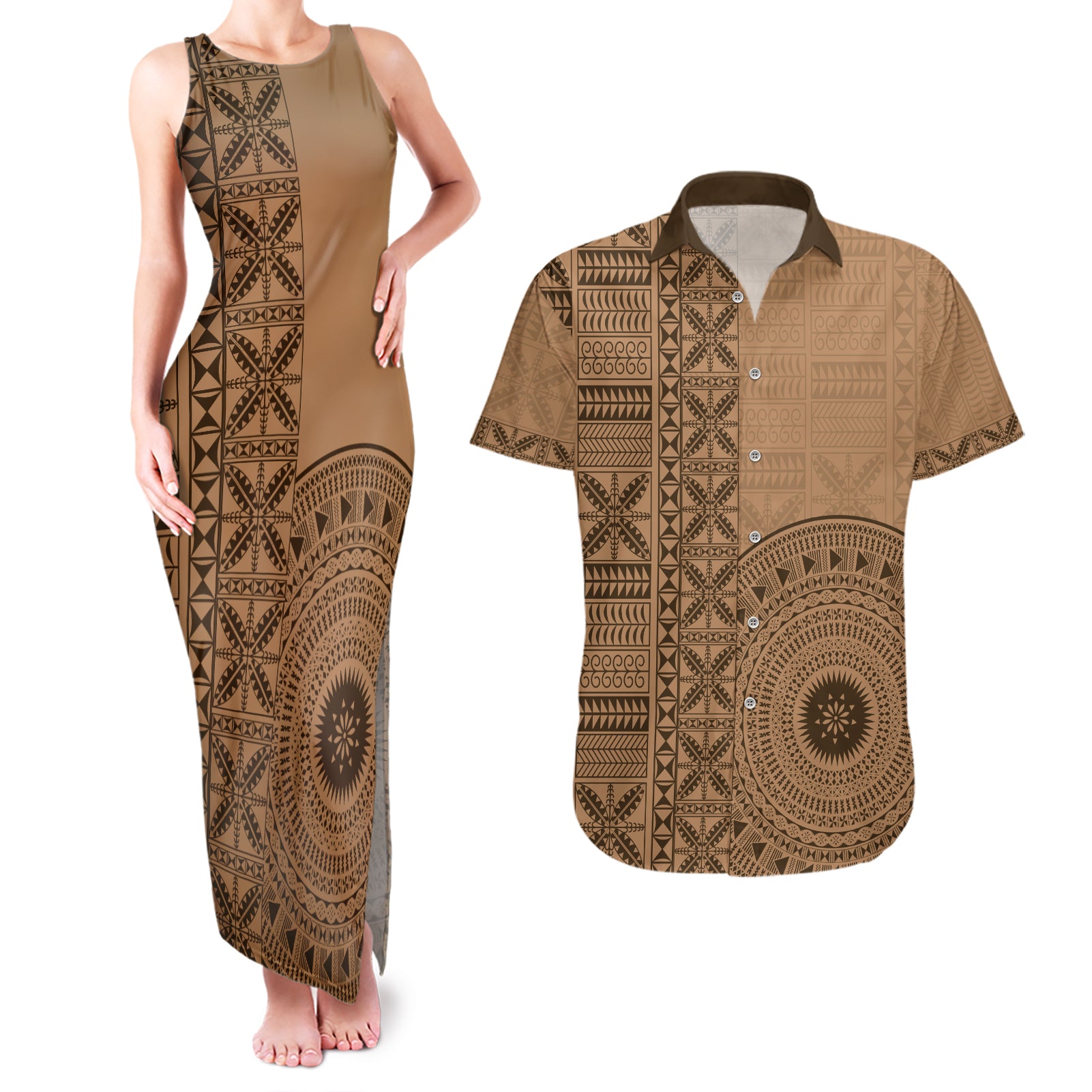 Fakaalofa Lahi Atu Niue Couples Matching Tank Maxi Dress and Hawaiian Shirt Vintage Hiapo Pattern Brown Version LT14 Brown - Polynesian Pride