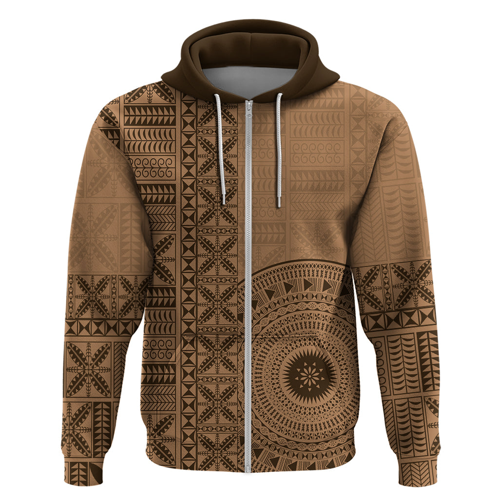 Fakaalofa Lahi Atu Niue Hoodie Vintage Hiapo Pattern Brown Version LT14 Zip Hoodie Brown - Polynesian Pride