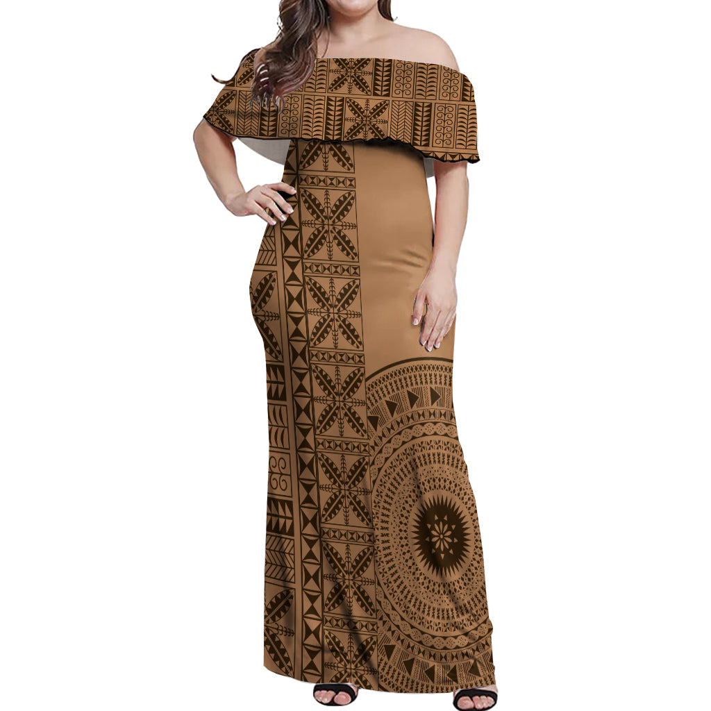 Fakaalofa Lahi Atu Niue Off Shoulder Maxi Dress Vintage Hiapo Pattern Brown Version LT14 Women Brown - Polynesian Pride