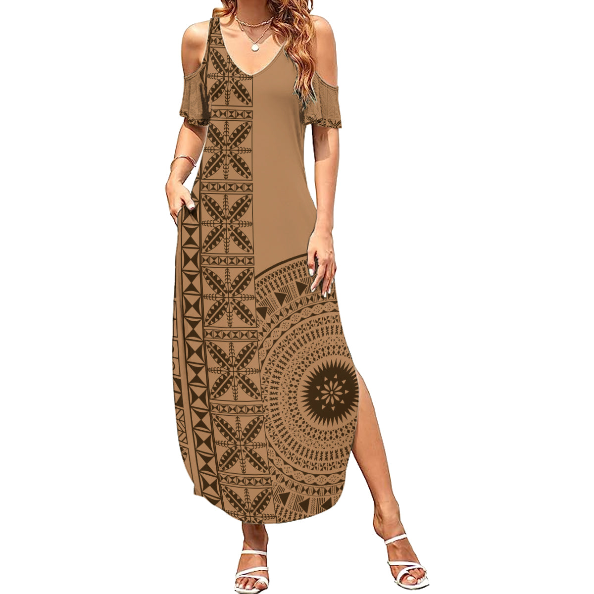 Fakaalofa Lahi Atu Niue Summer Maxi Dress Vintage Hiapo Pattern Brown Version LT14 Women Brown - Polynesian Pride