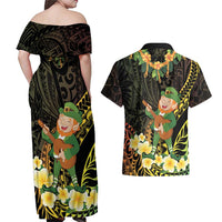 Hawaii Saint Patrick's Day Couples Matching Off Shoulder Maxi Dress and Hawaiian Shirt Ukulele Leprechaun Hau'Oli Maoli Oe!