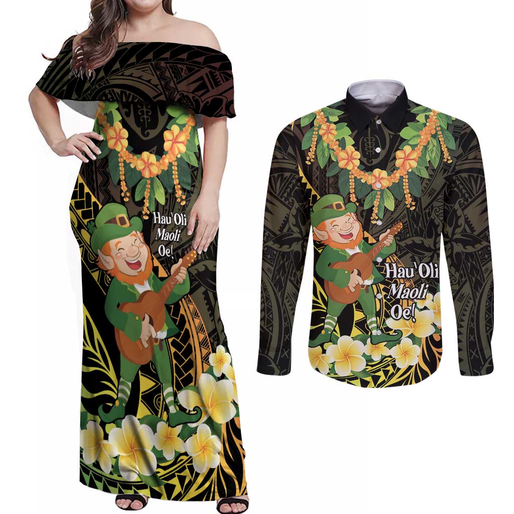 Hawaii Saint Patrick's Day Couples Matching Off Shoulder Maxi Dress and Long Sleeve Button Shirt Ukulele Leprechaun Hau'Oli Maoli Oe!