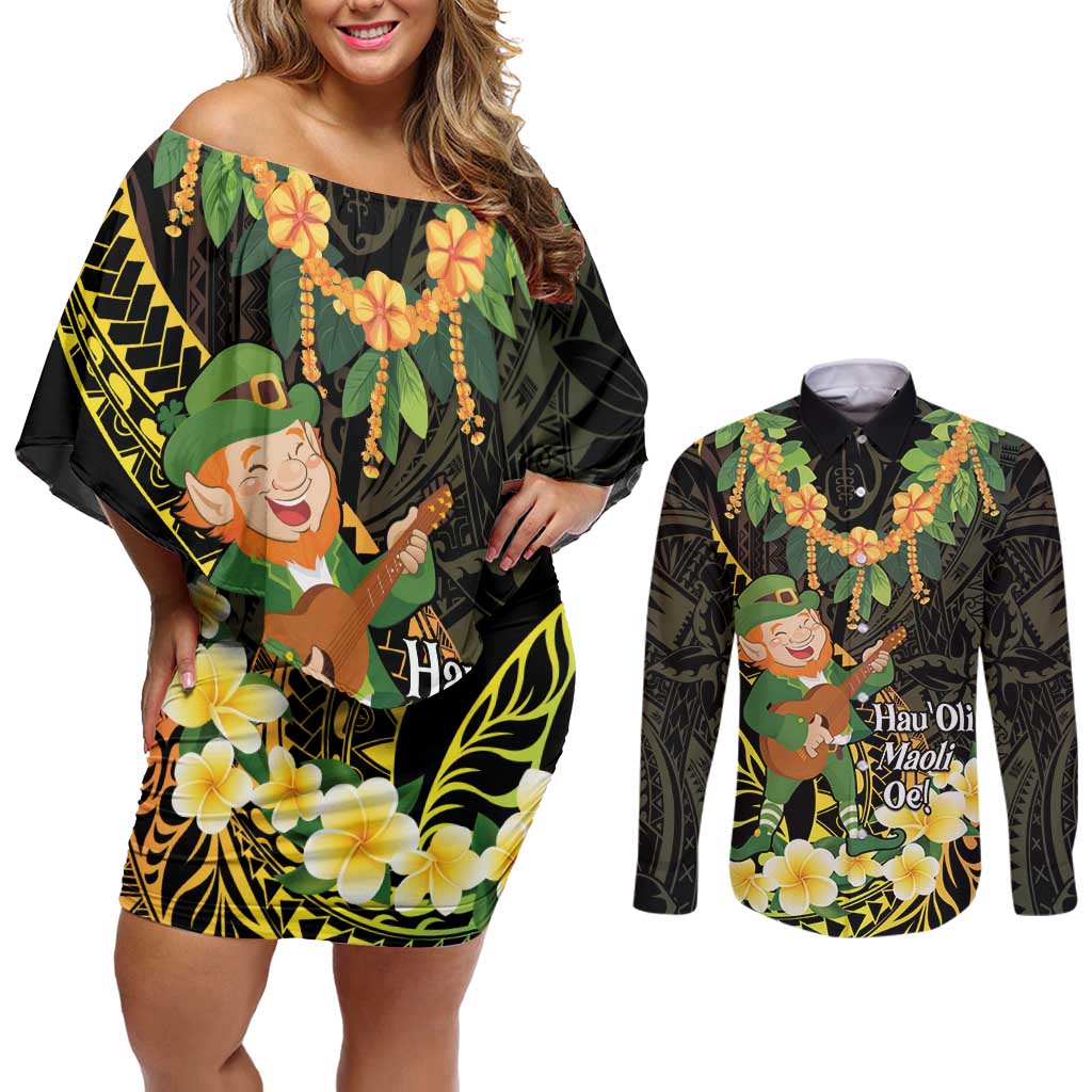 Hawaii Saint Patrick's Day Couples Matching Off Shoulder Short Dress and Long Sleeve Button Shirt Ukulele Leprechaun Hau'Oli Maoli Oe!