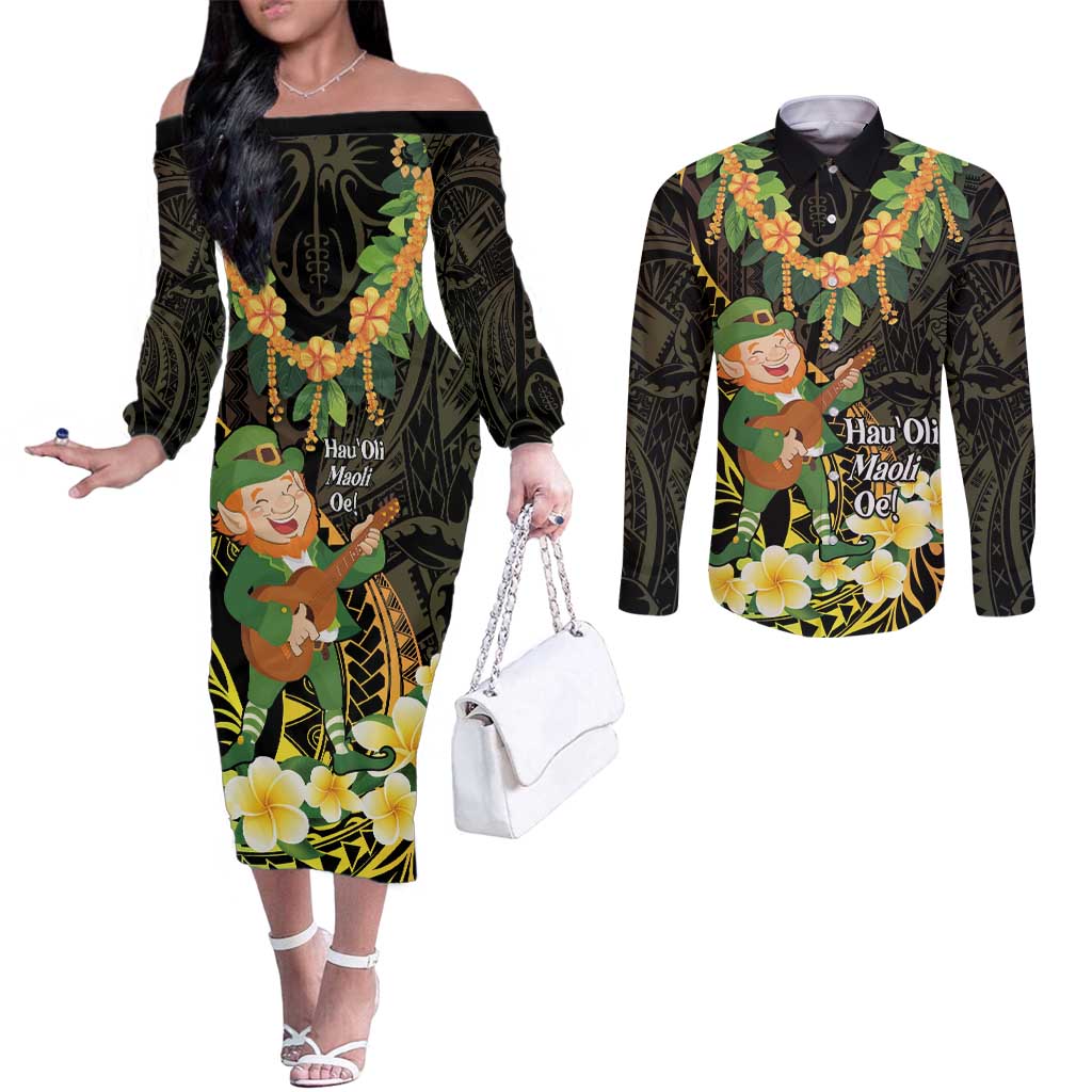 Hawaii Saint Patrick's Day Couples Matching Off The Shoulder Long Sleeve Dress and Long Sleeve Button Shirt Ukulele Leprechaun Hau'Oli Maoli Oe!