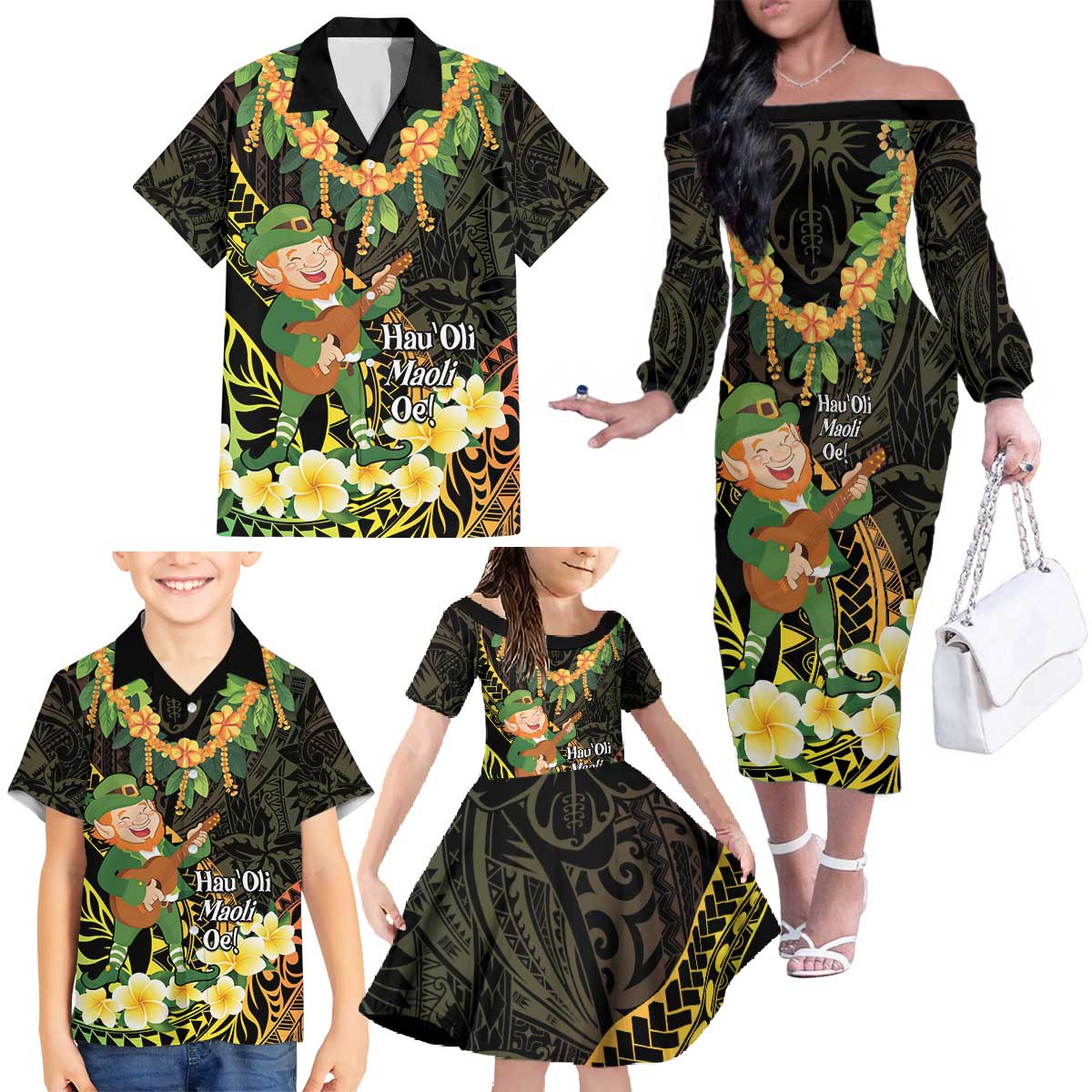 Hawaii Saint Patrick's Day Family Matching Off The Shoulder Long Sleeve Dress and Hawaiian Shirt Ukulele Leprechaun Hau'Oli Maoli Oe!