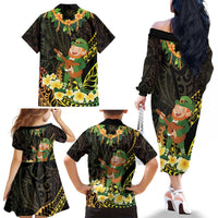 Hawaii Saint Patrick's Day Family Matching Off The Shoulder Long Sleeve Dress and Hawaiian Shirt Ukulele Leprechaun Hau'Oli Maoli Oe!