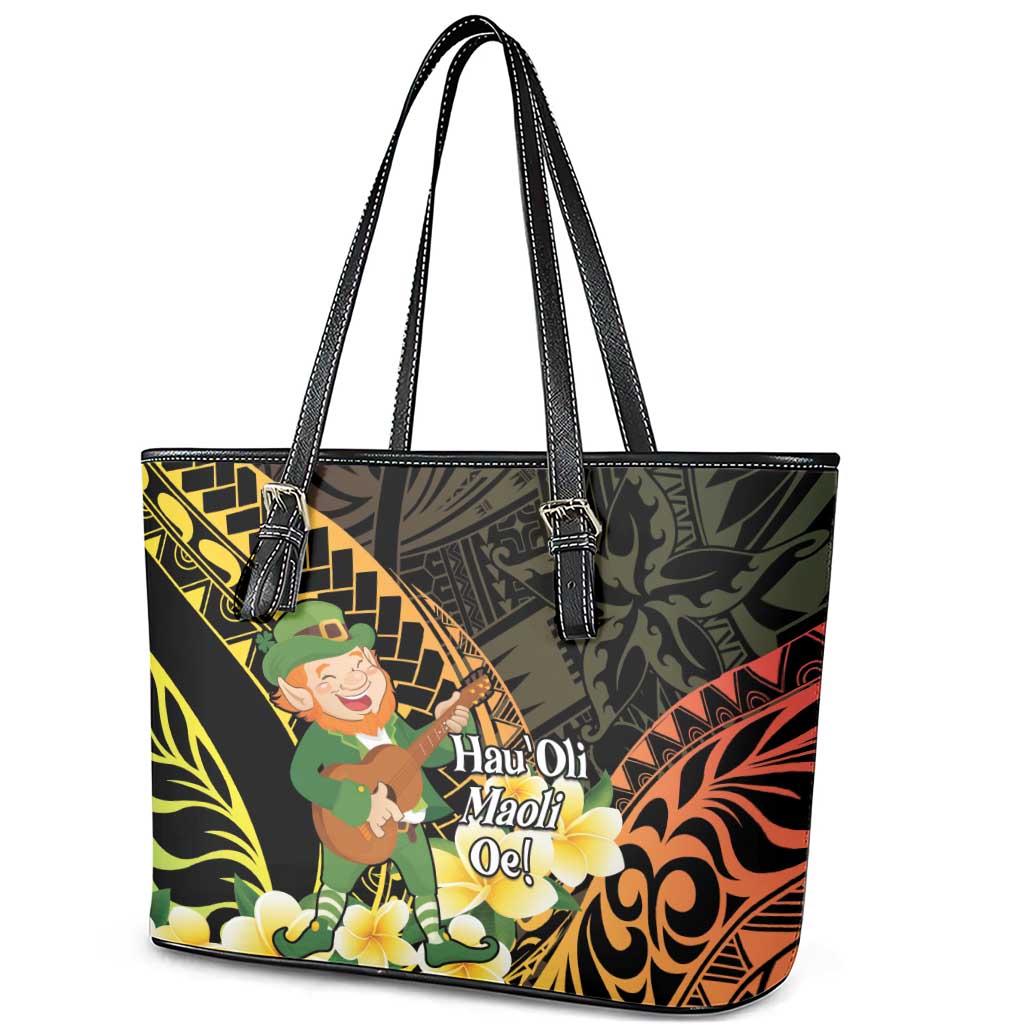 Hawaii Saint Patrick's Day Leather Tote Bag Ukulele Leprechaun Hau'Oli Maoli Oe!