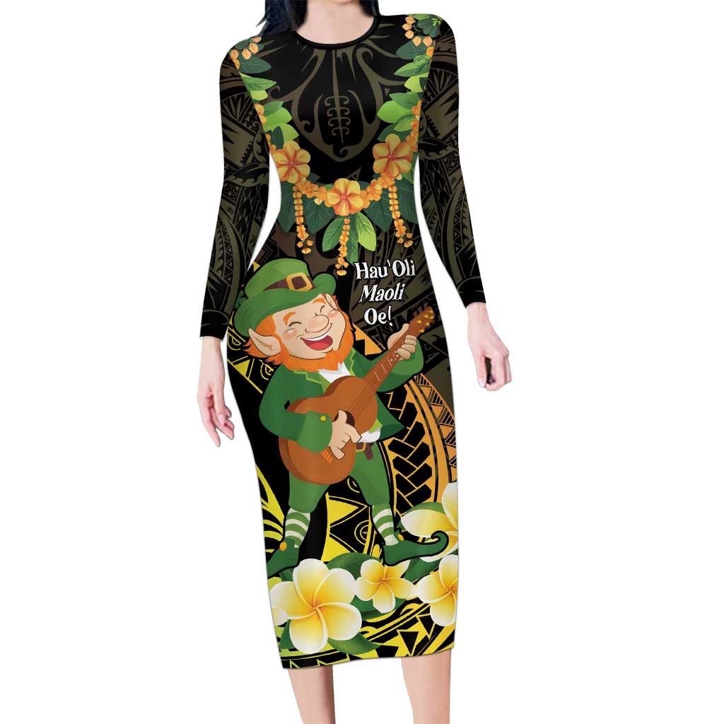 Hawaii Saint Patrick's Day Long Sleeve Bodycon Dress Ukulele Leprechaun Hau'Oli Maoli Oe!