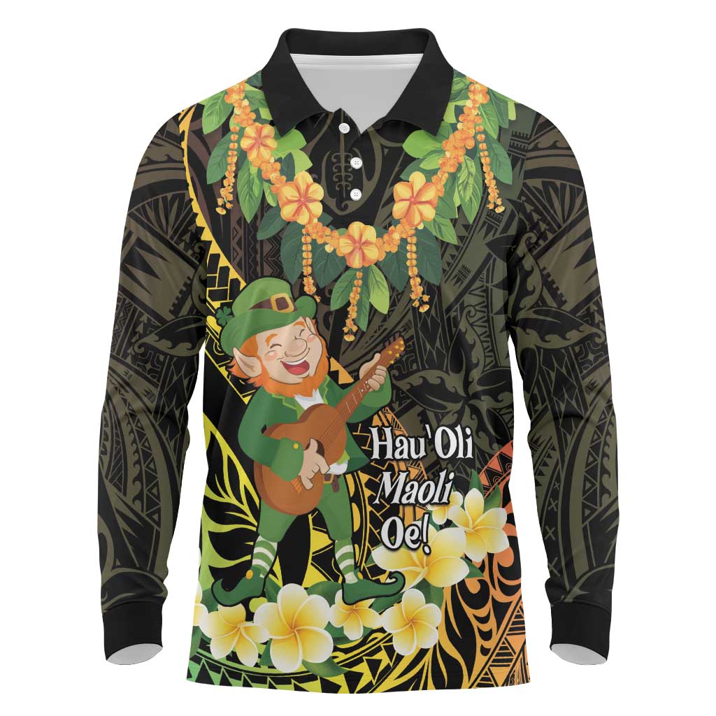 Hawaii Saint Patrick's Day Long Sleeve Polo Shirt Ukulele Leprechaun Hau'Oli Maoli Oe!