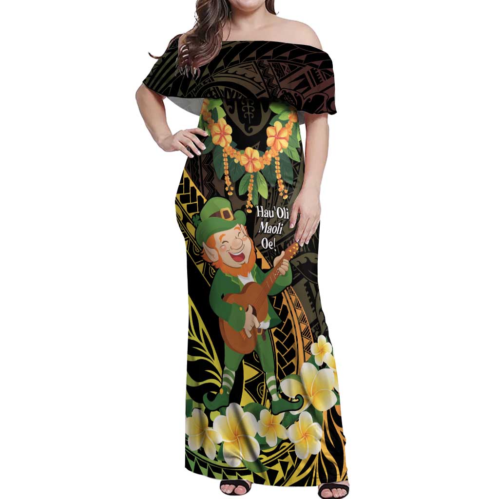 Hawaii Saint Patrick's Day Off Shoulder Maxi Dress Ukulele Leprechaun Hau'Oli Maoli Oe!