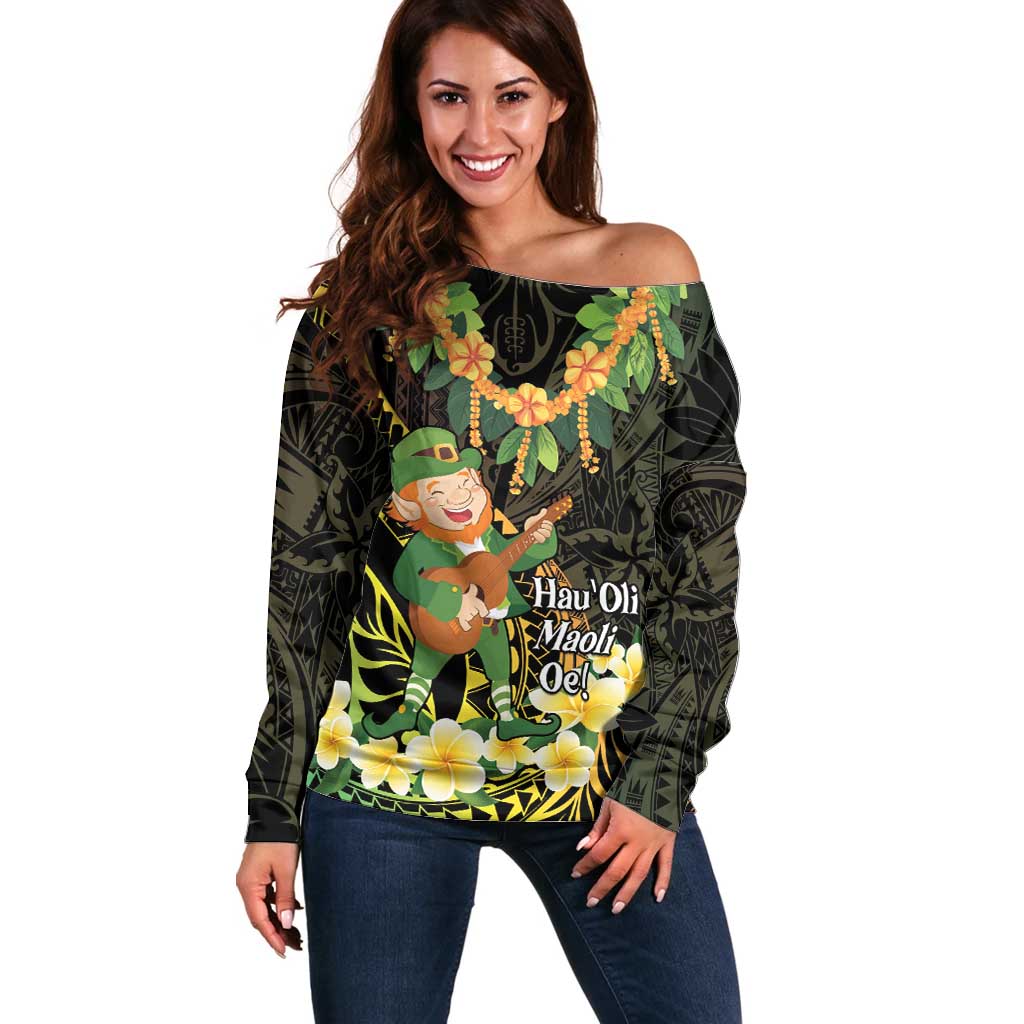 Hawaii Saint Patrick's Day Off Shoulder Sweater Ukulele Leprechaun Hau'Oli Maoli Oe!