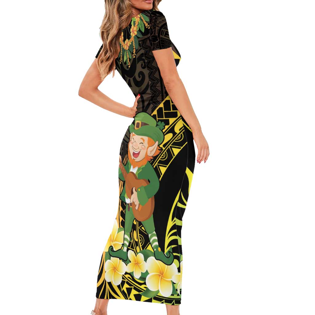 Hawaii Saint Patrick's Day Short Sleeve Bodycon Dress Ukulele Leprechaun Hau'Oli Maoli Oe! LT14 - Polynesian Pride