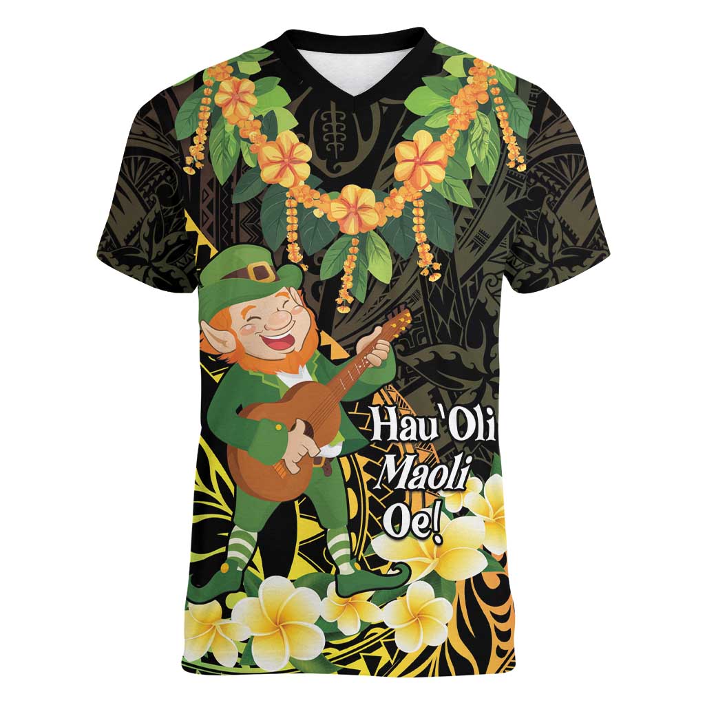 Hawaii Saint Patrick's Day Women V-Neck T-Shirt Ukulele Leprechaun Hau'Oli Maoli Oe!