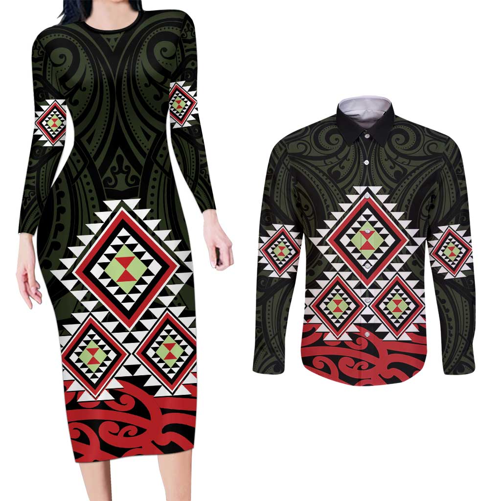 Kia Ora Aotearoa Couples Matching Long Sleeve Bodycon Dress and Long Sleeve Button Shirt 2025 Pasifika Maori Taniko Motifs LT14 Black - Polynesian Pride