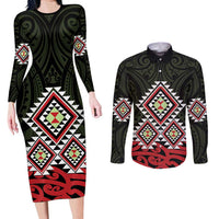 Kia Ora Aotearoa Couples Matching Long Sleeve Bodycon Dress and Long Sleeve Button Shirt 2025 Pasifika Maori Taniko Motifs LT14 Black - Polynesian Pride