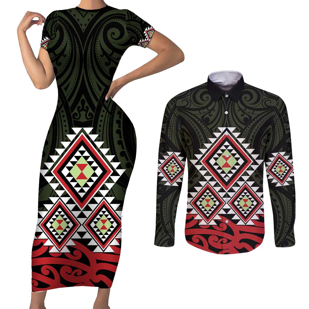 Kia Ora Aotearoa Couples Matching Short Sleeve Bodycon Dress and Long Sleeve Button Shirt 2025 Pasifika Maori Taniko Motifs LT14 Black - Polynesian Pride