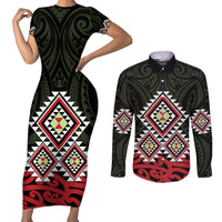 Kia Ora Aotearoa Couples Matching Short Sleeve Bodycon Dress and Long Sleeve Button Shirt 2025 Pasifika Maori Taniko Motifs LT14 Black - Polynesian Pride