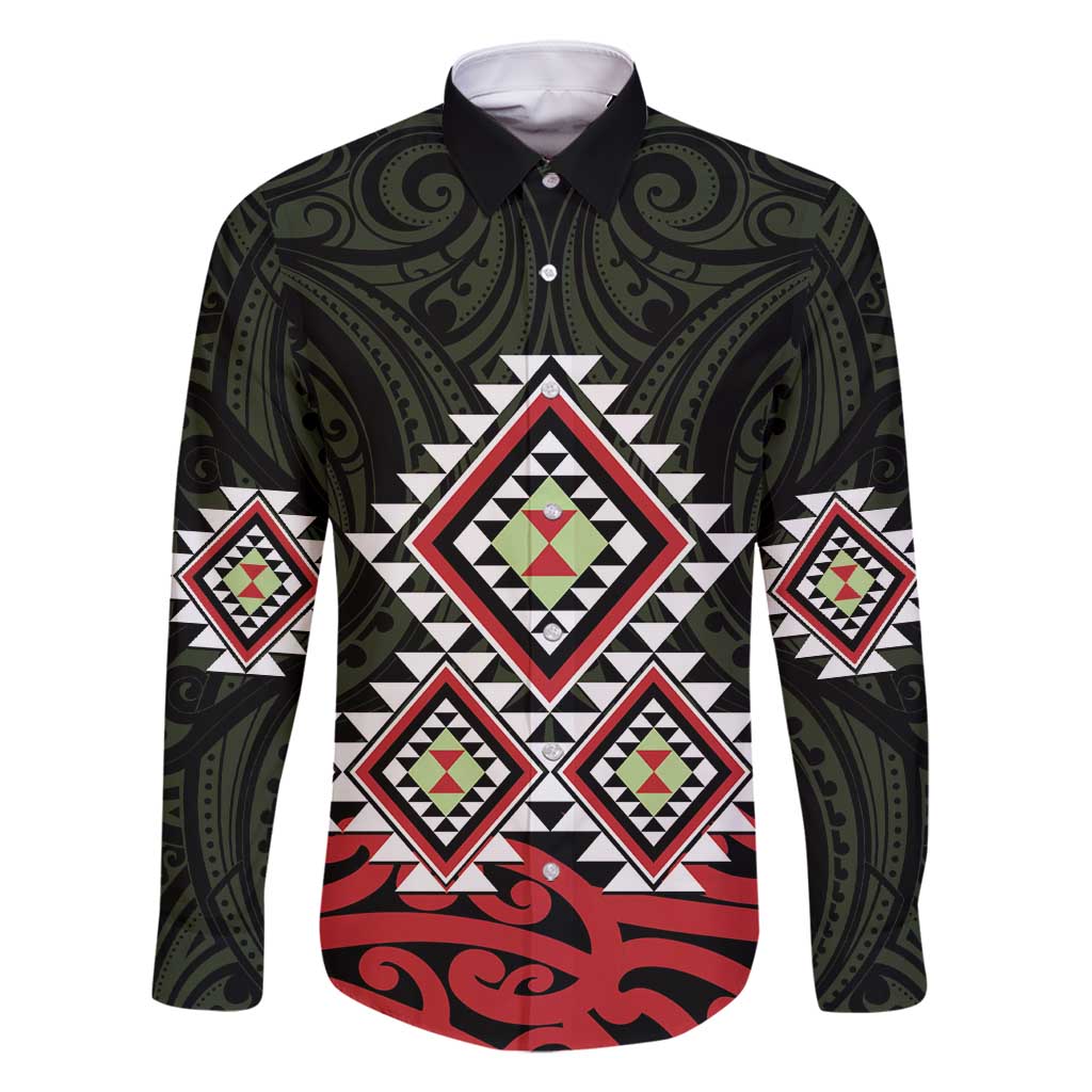 Kia Ora Aotearoa Family Matching Off Shoulder Short Dress and Hawaiian Shirt 2025 Pasifika Maori Taniko Motifs LT14 Dad's Shirt - Long Sleeve Black - Polynesian Pride