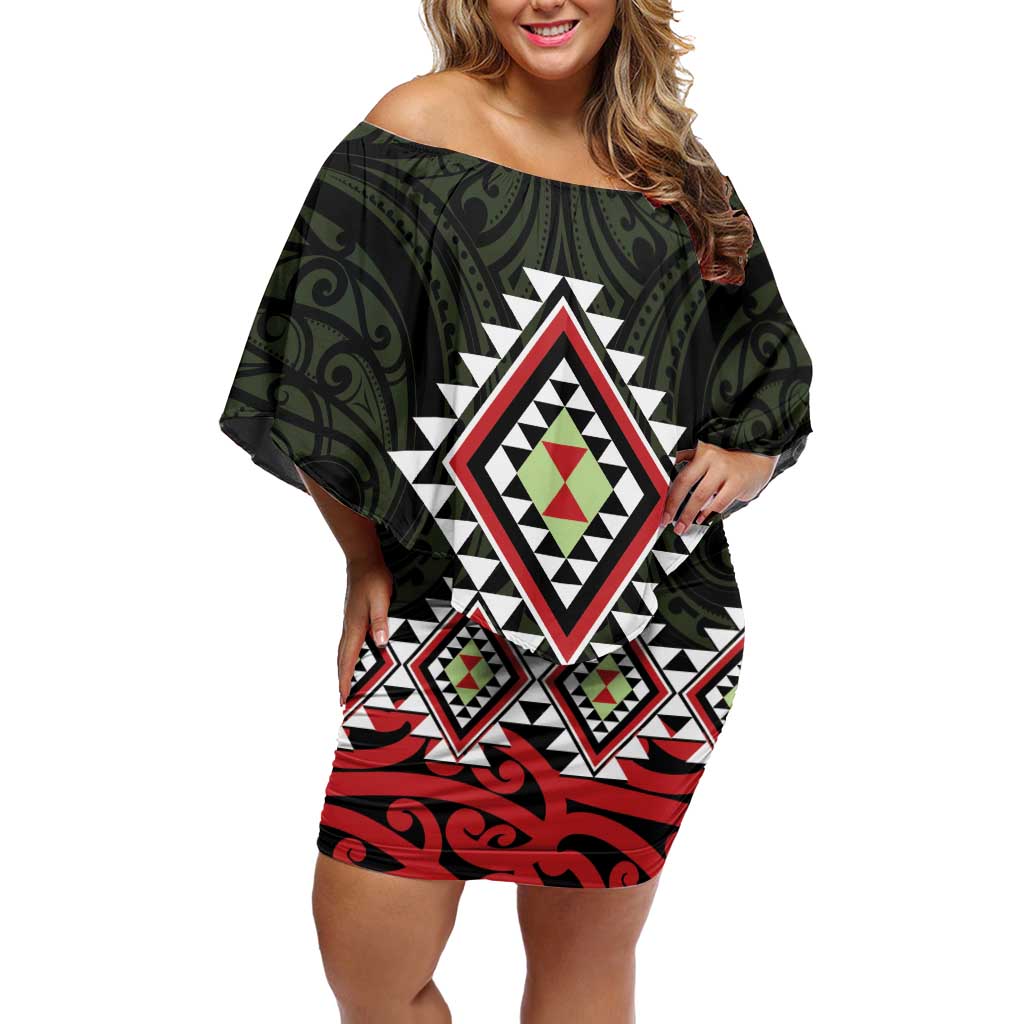Kia Ora Aotearoa Family Matching Off Shoulder Short Dress and Hawaiian Shirt 2025 Pasifika Maori Taniko Motifs LT14 Mom's Dress Black - Polynesian Pride