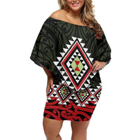 Kia Ora Aotearoa Family Matching Off Shoulder Short Dress and Hawaiian Shirt 2025 Pasifika Maori Taniko Motifs LT14 Mom's Dress Black - Polynesian Pride