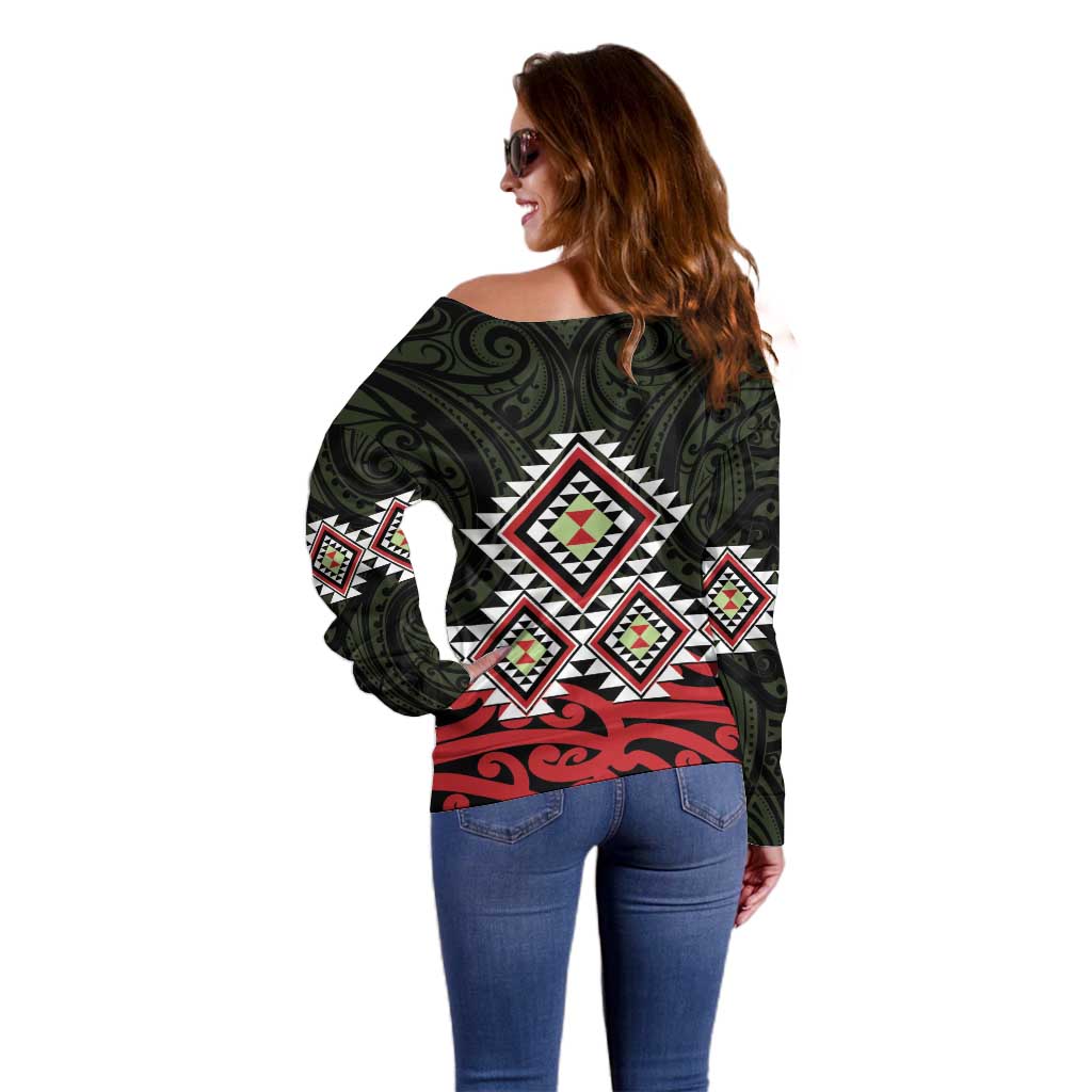 Kia Ora Aotearoa Off Shoulder Sweater 2025 Pasifika Maori Taniko Motifs