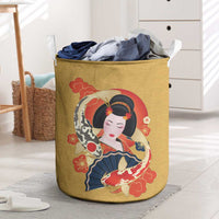 Japanese Geisha Koi Fish Laundry Basket Cherry Blossoms Yellow Seigaiha Pattern - Polynesian Pride