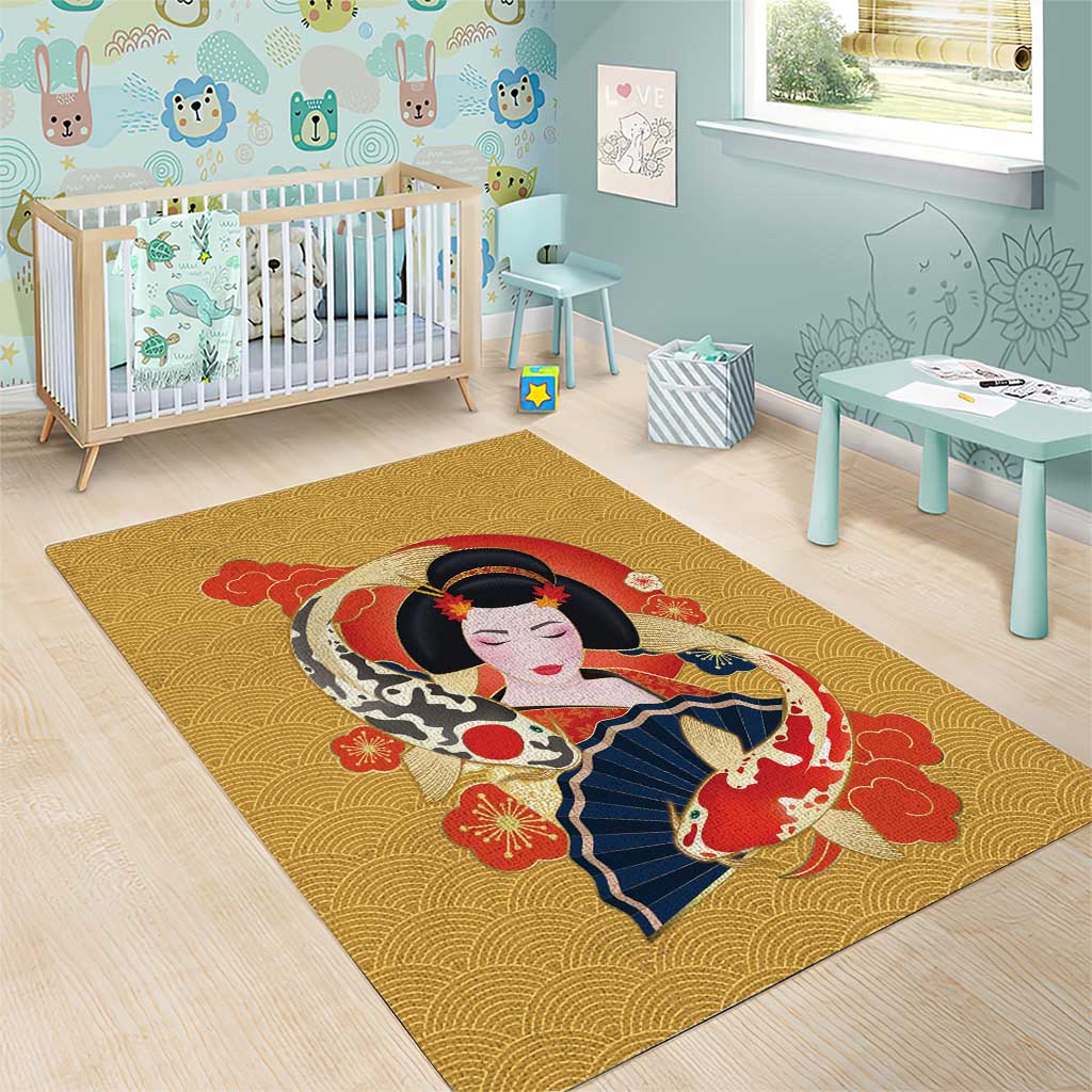 Japanese Geisha Koi Fish Area Rug Cherry Blossoms Yellow Seigaiha Pattern - Polynesian Pride
