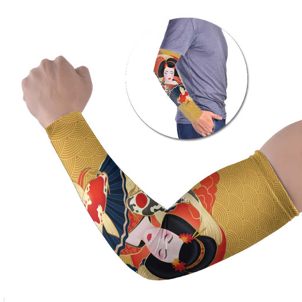 Japanese Geisha Koi Fish Arm Sleeves Cherry Blossoms Yellow Seigaiha Pattern - Polynesian Pride