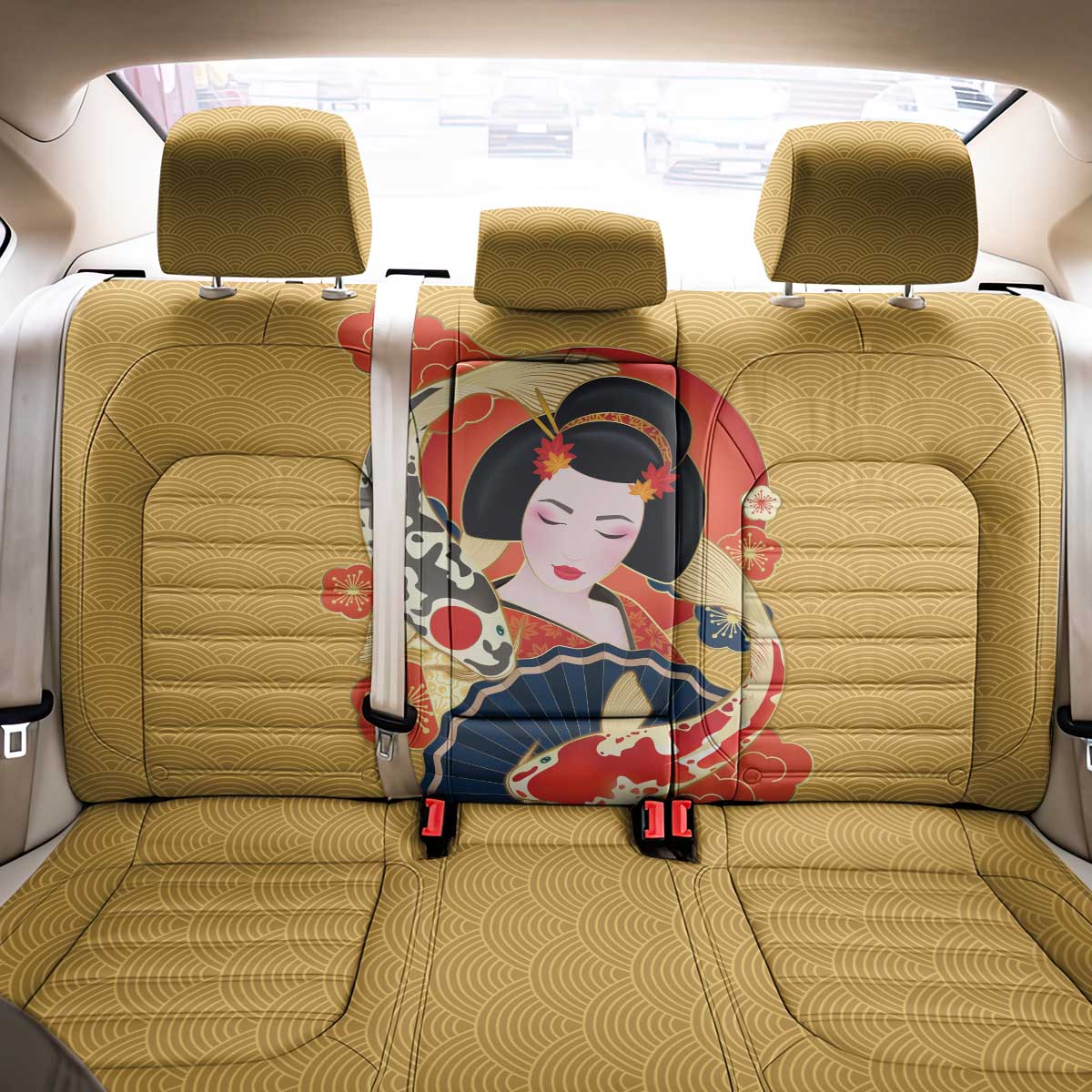 Japanese Geisha Koi Fish Back Car Seat Cover Cherry Blossoms Yellow Seigaiha Pattern - Polynesian Pride