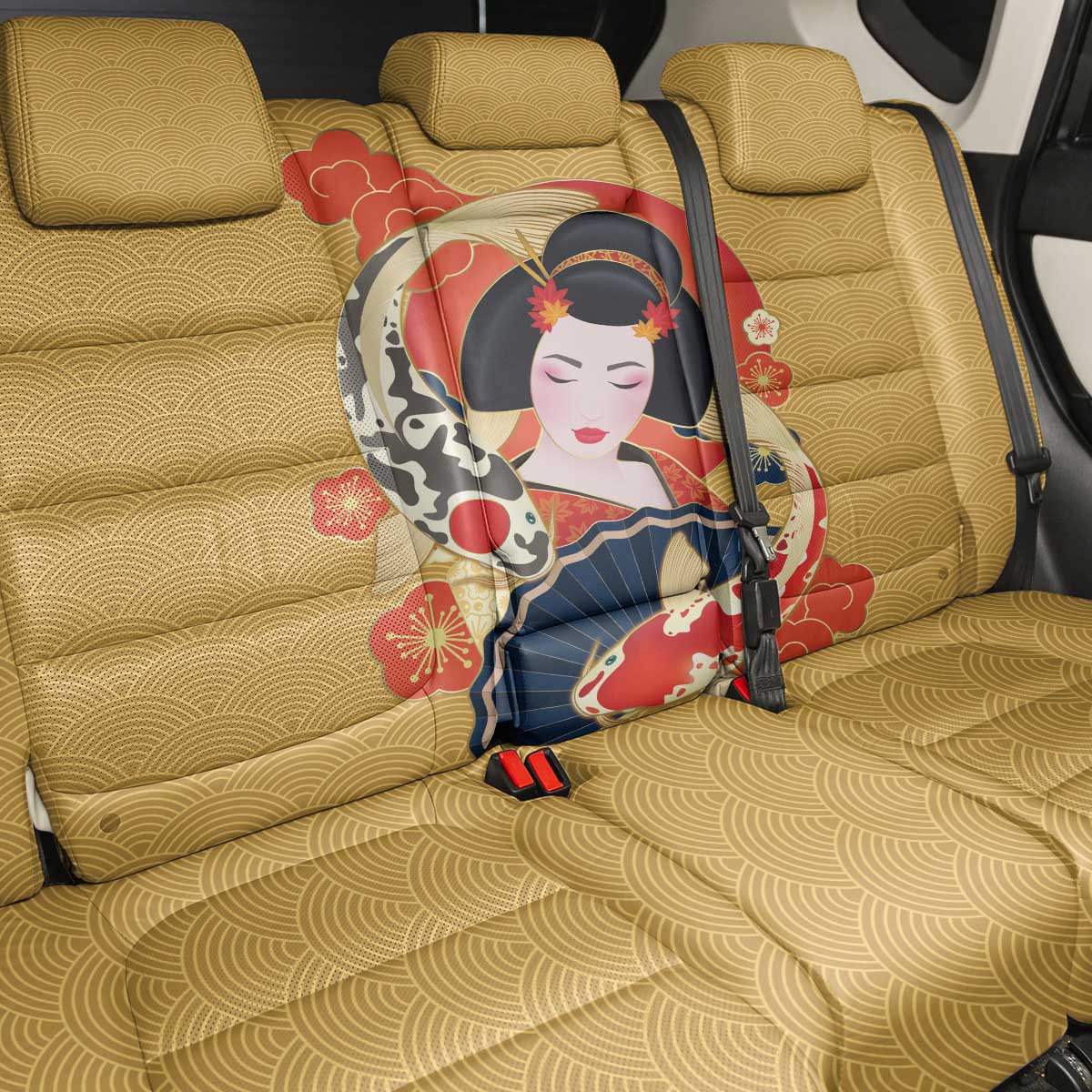 Japanese Geisha Koi Fish Back Car Seat Cover Cherry Blossoms Yellow Seigaiha Pattern - Polynesian Pride