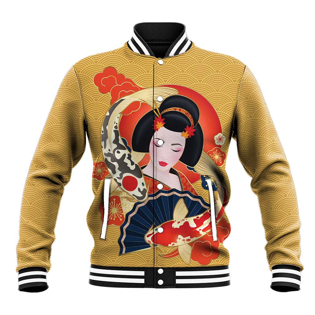 Japanese Geisha Koi Fish Baseball Jacket Cherry Blossoms Yellow Seigaiha Pattern - Polynesian Pride